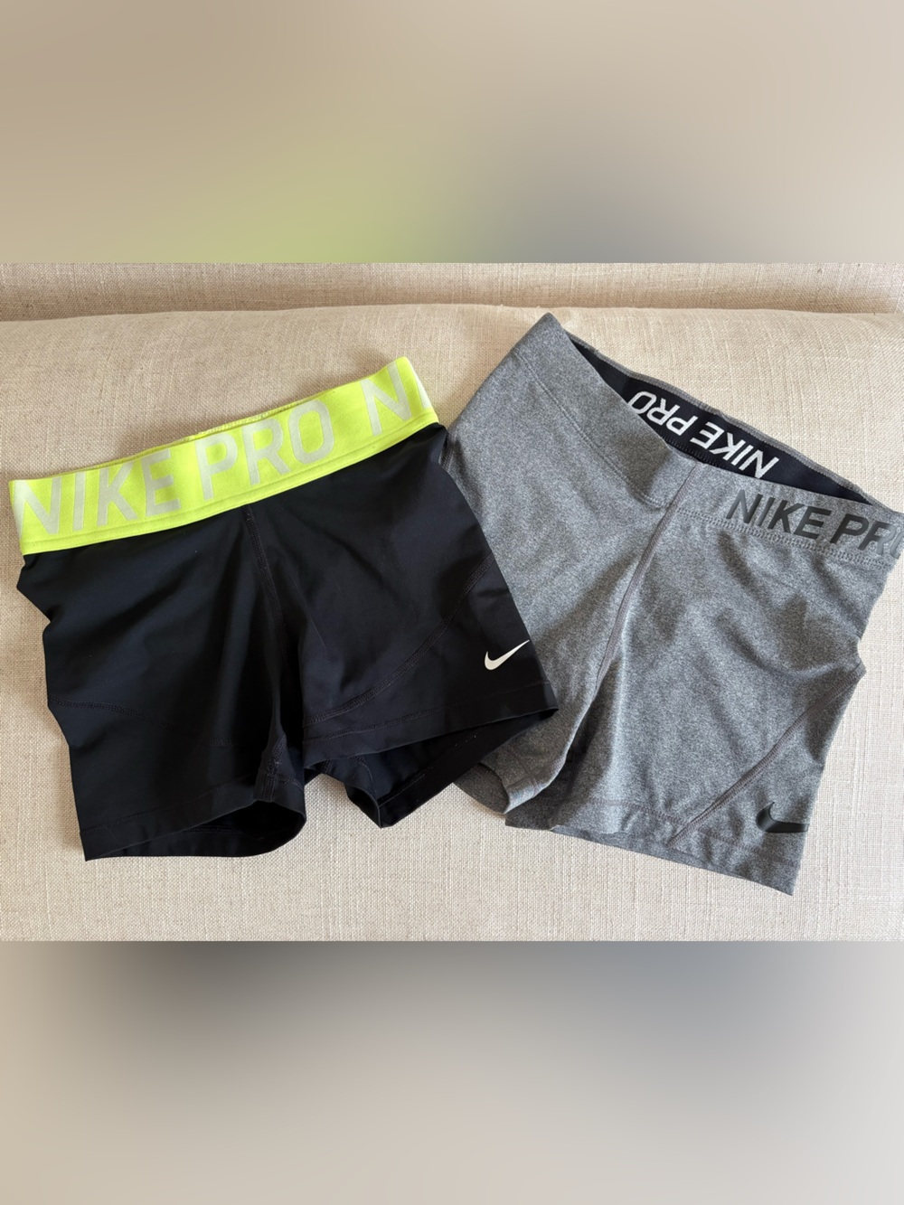 Nike Pro Dri-fit Set of 2 Gray/Black Pair & Black/Neon Yellow Band Sports Shorts